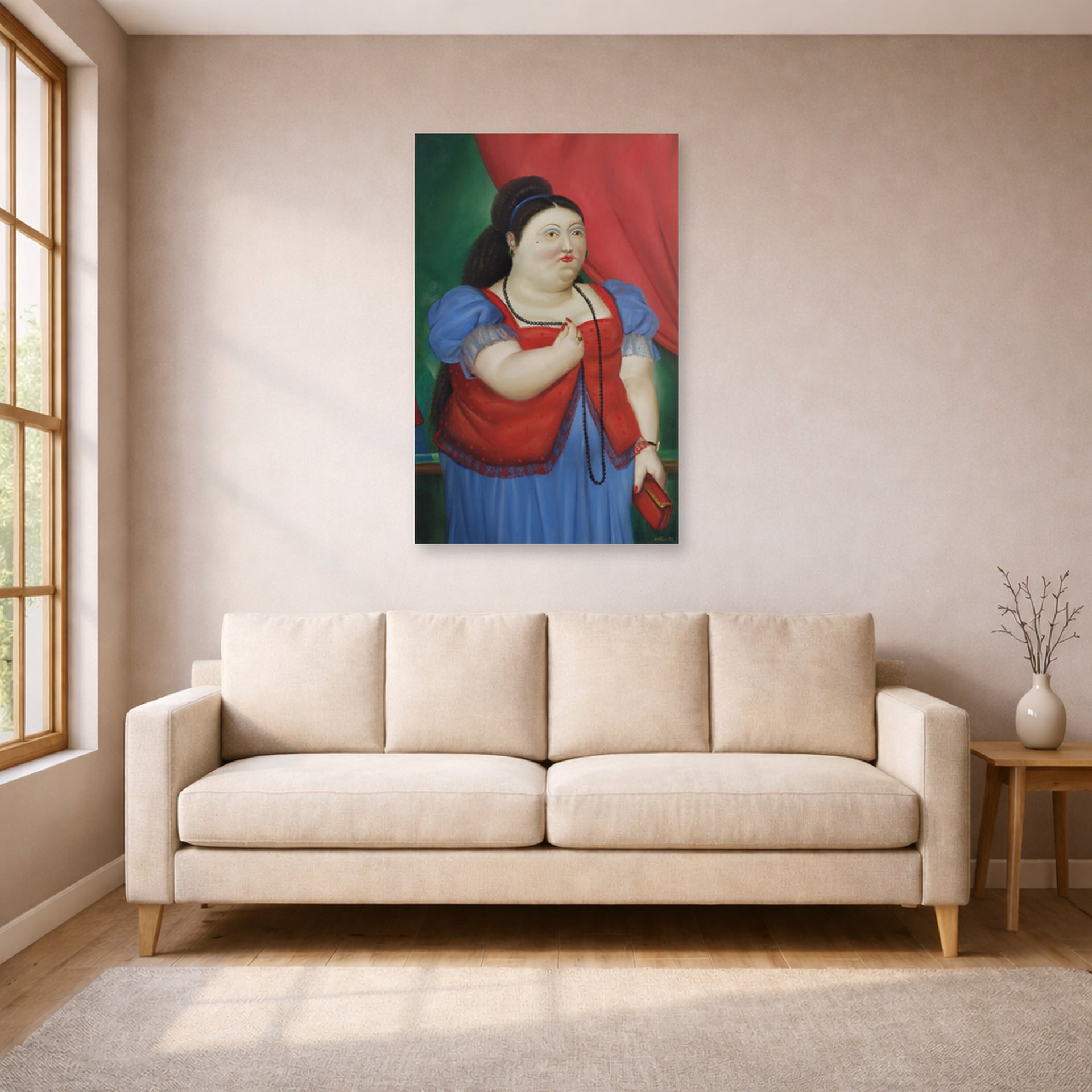 Unframed poster print of Fernando Botero's Teresita displayed on a wall in a living room