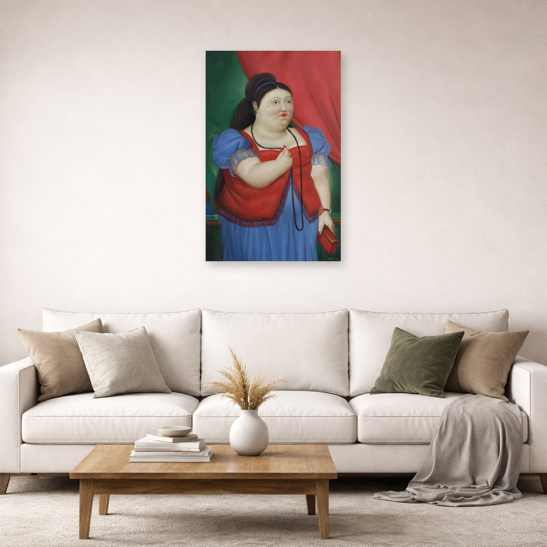 Unframed poster print of Fernando Botero's Teresita displayed on a wall in a living room