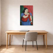 Unframed poster print of Fernando Botero's Teresita displayed on a wall in a home office