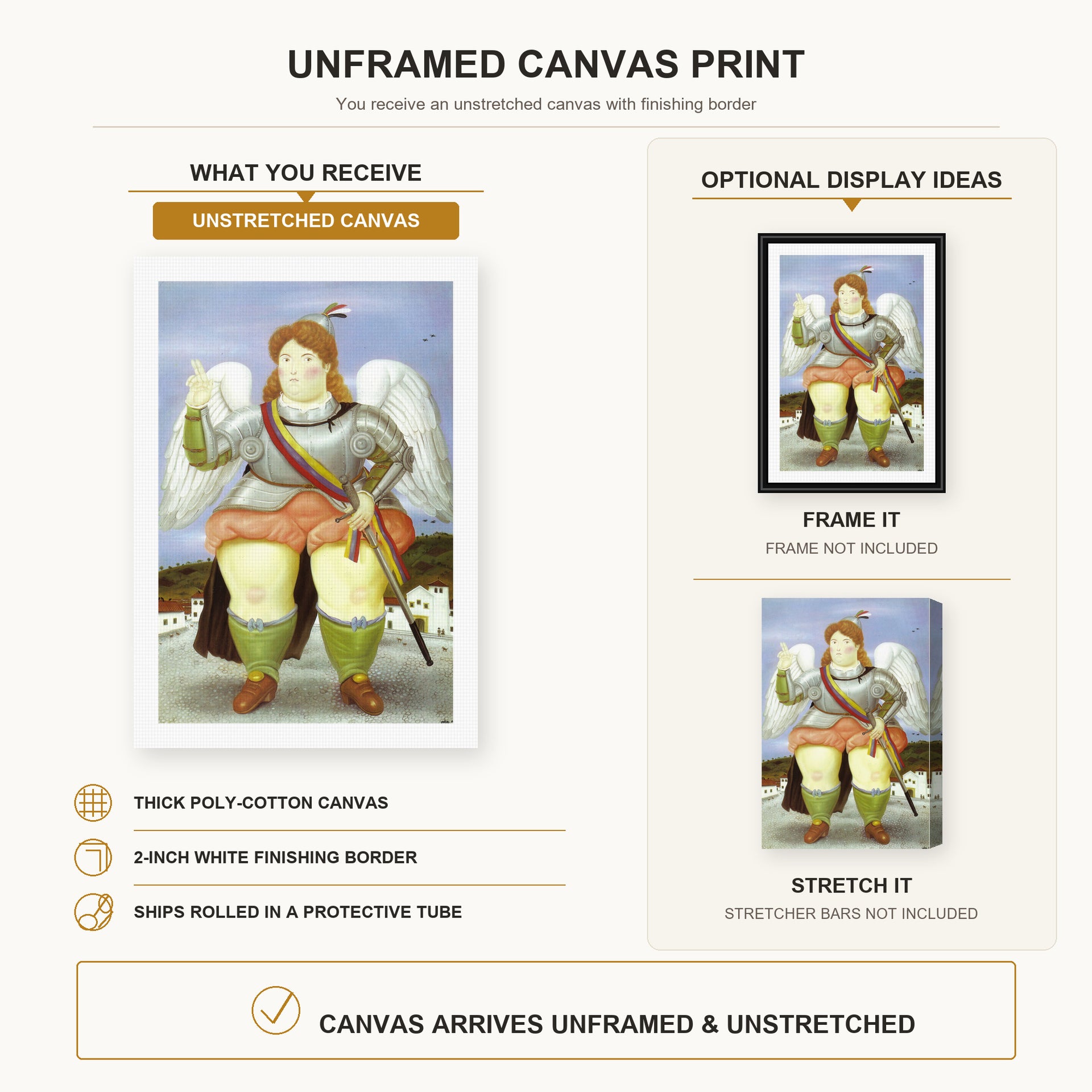 Fernando Botero - The Archangel Gabriel canvas print size comparison and framing display infographic