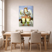 Gallery-wrapped canvas print of Fernando Botero's The Archangel Gabriel displayed on a wall in a dining room