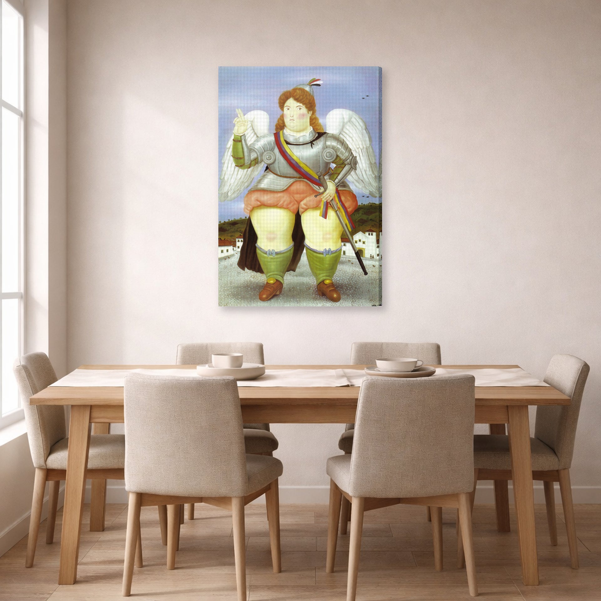 Gallery-wrapped canvas print of Fernando Botero's The Archangel Gabriel displayed on a wall in a dining room