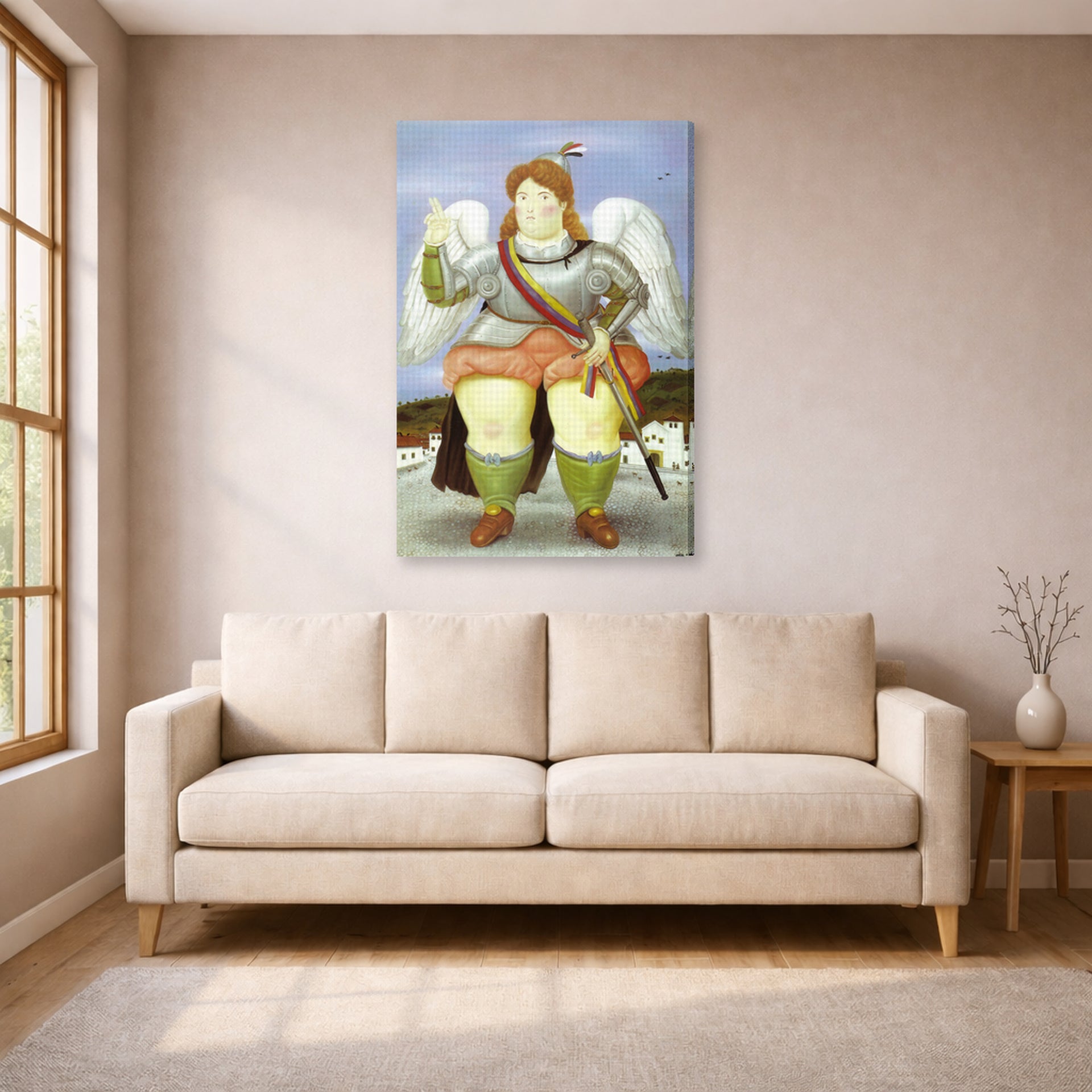 Gallery-wrapped canvas print of Fernando Botero's The Archangel Gabriel displayed on a wall in a living room