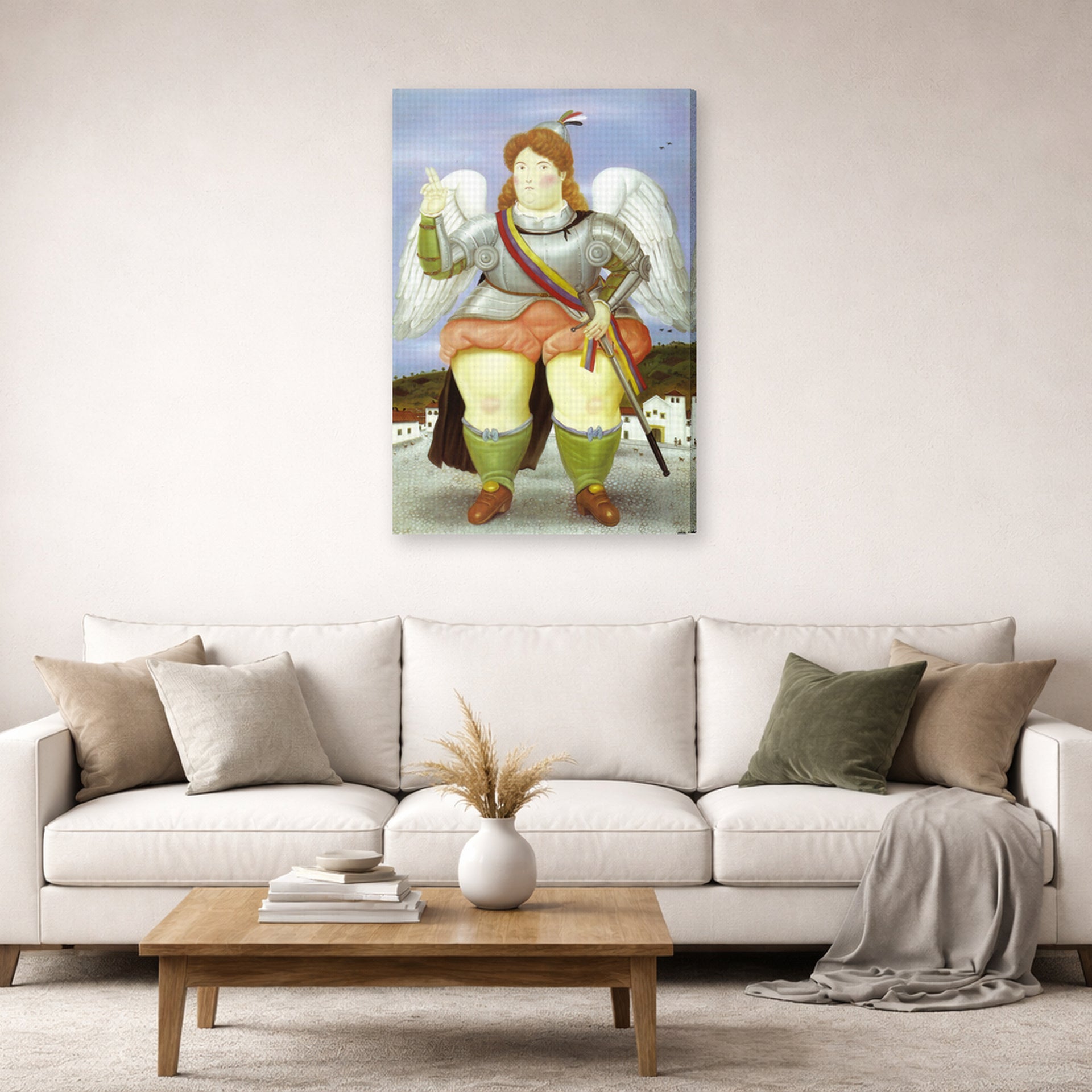 Gallery-wrapped canvas print of Fernando Botero's The Archangel Gabriel displayed on a wall in a living room