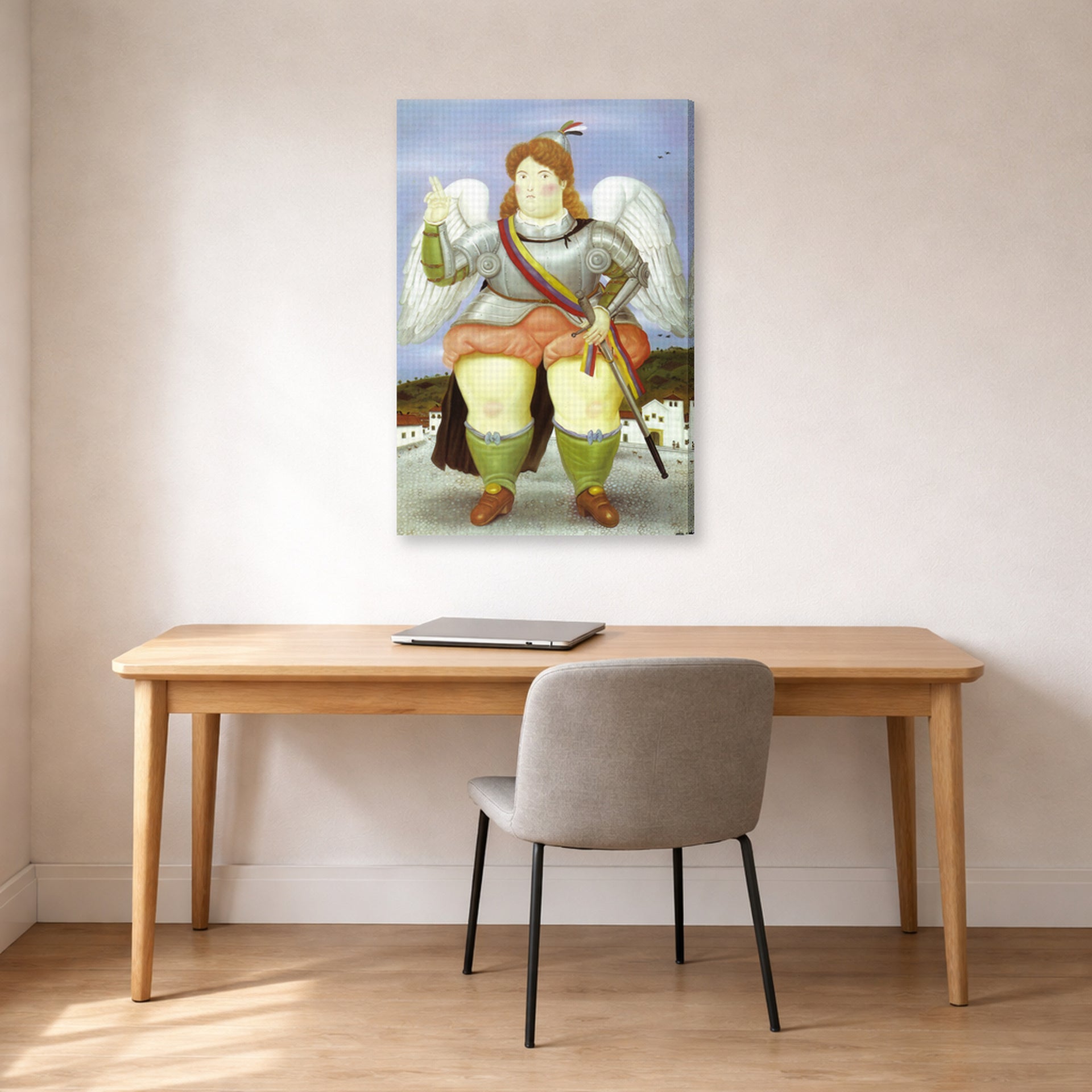 Gallery-wrapped canvas print of Fernando Botero's The Archangel Gabriel displayed on a wall in a home office