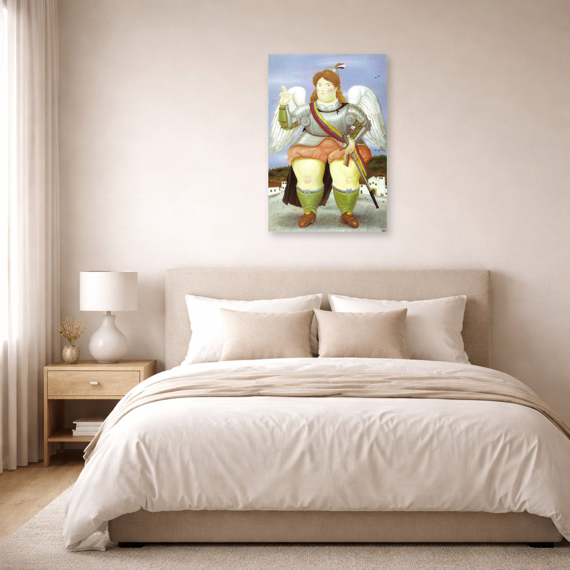 Unframed poster print of Fernando Botero's The Archangel Gabriel displayed on a wall in a bedroom