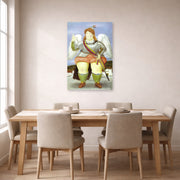 Unframed poster print of Fernando Botero's The Archangel Gabriel displayed on a wall in a dining room