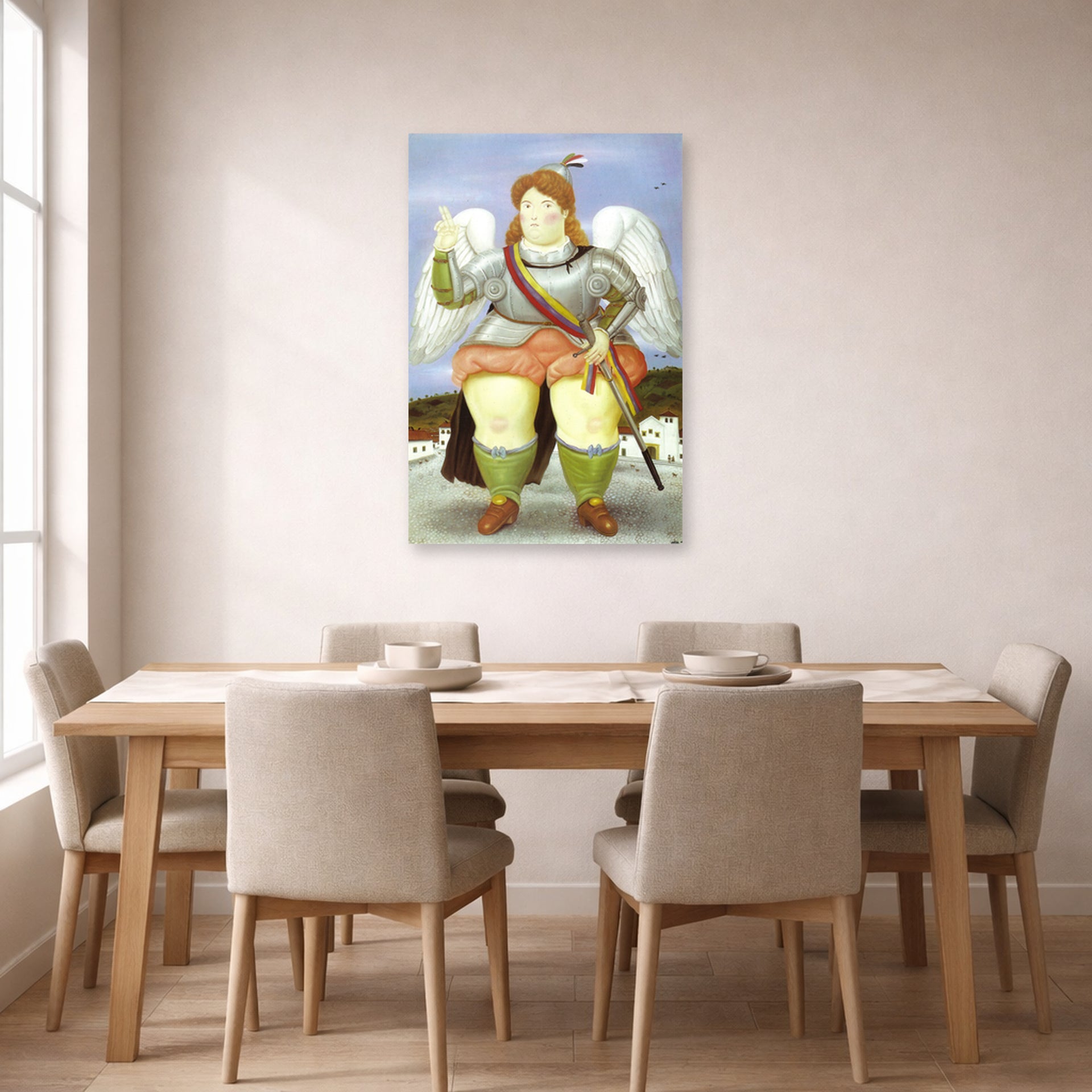 Unframed poster print of Fernando Botero's The Archangel Gabriel displayed on a wall in a dining room