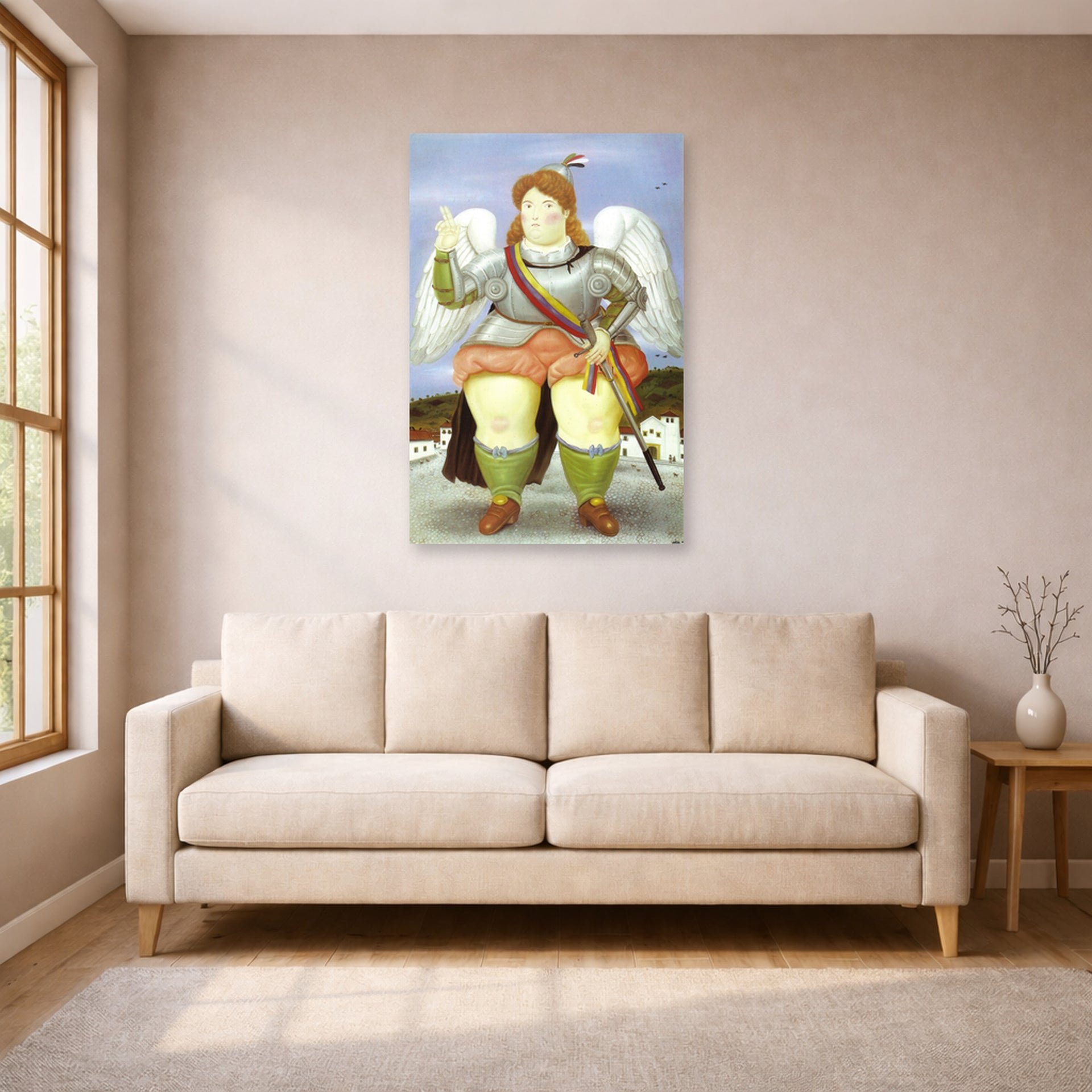 Unframed poster print of Fernando Botero's The Archangel Gabriel displayed on a wall in a living room