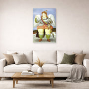 Unframed poster print of Fernando Botero's The Archangel Gabriel displayed on a wall in a living room
