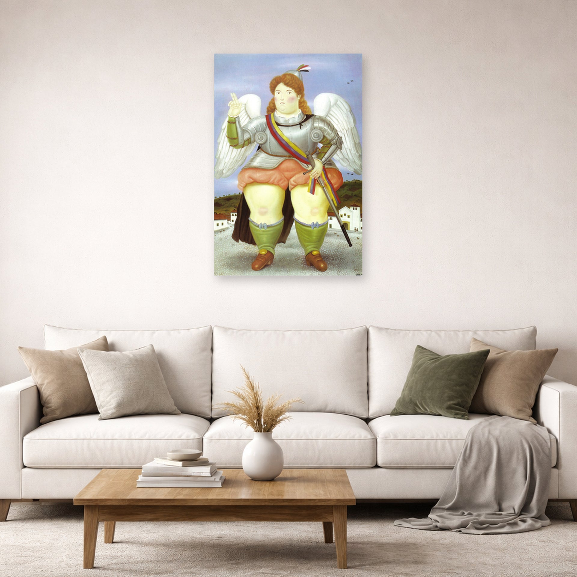 Unframed poster print of Fernando Botero's The Archangel Gabriel displayed on a wall in a living room