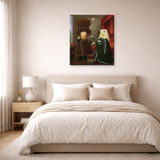 Gallery-wrapped canvas print of Fernando Botero's The Arnolfini After Van Eyck displayed on a wall in a bedroom