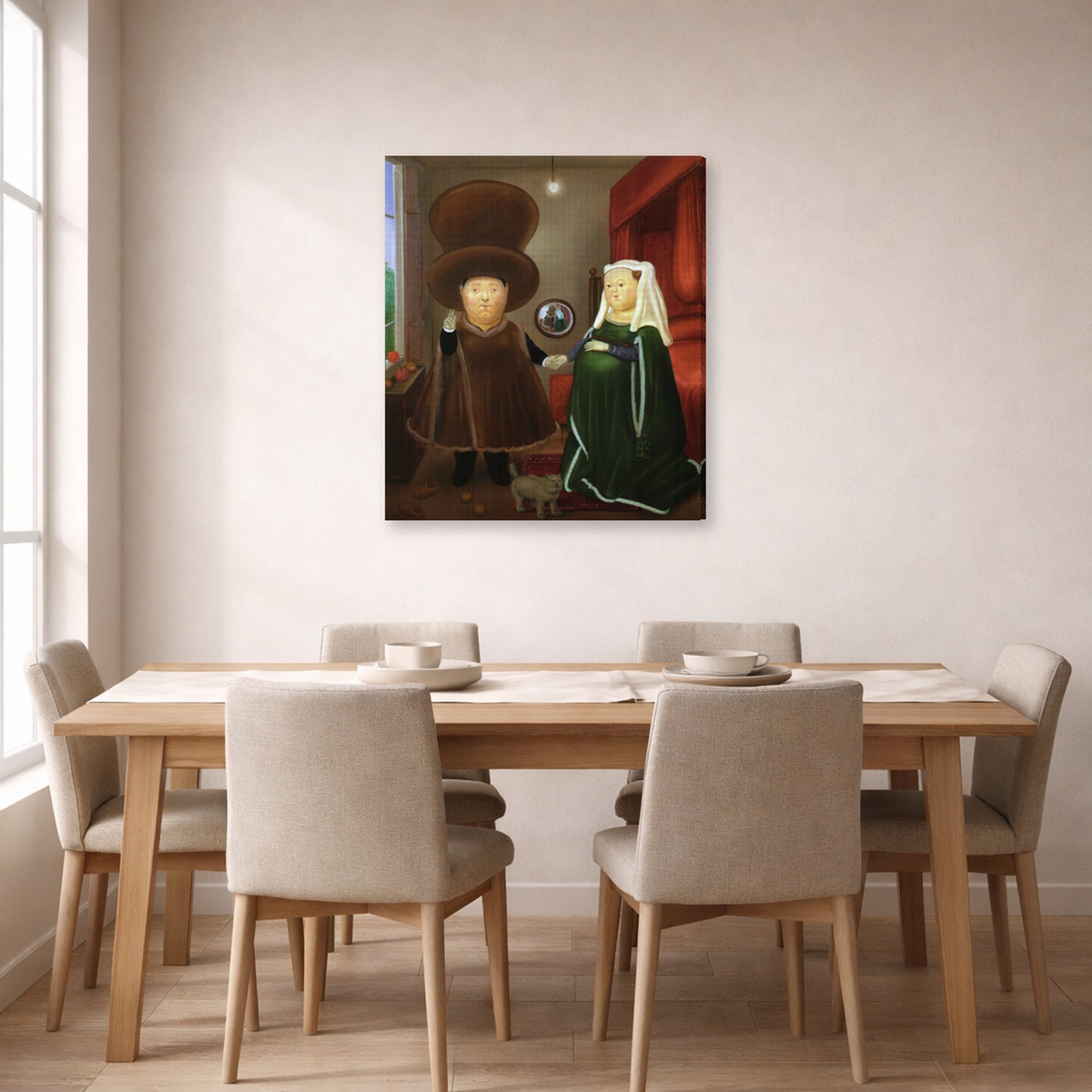 Gallery-wrapped canvas print of Fernando Botero's The Arnolfini After Van Eyck displayed on a wall in a dining room