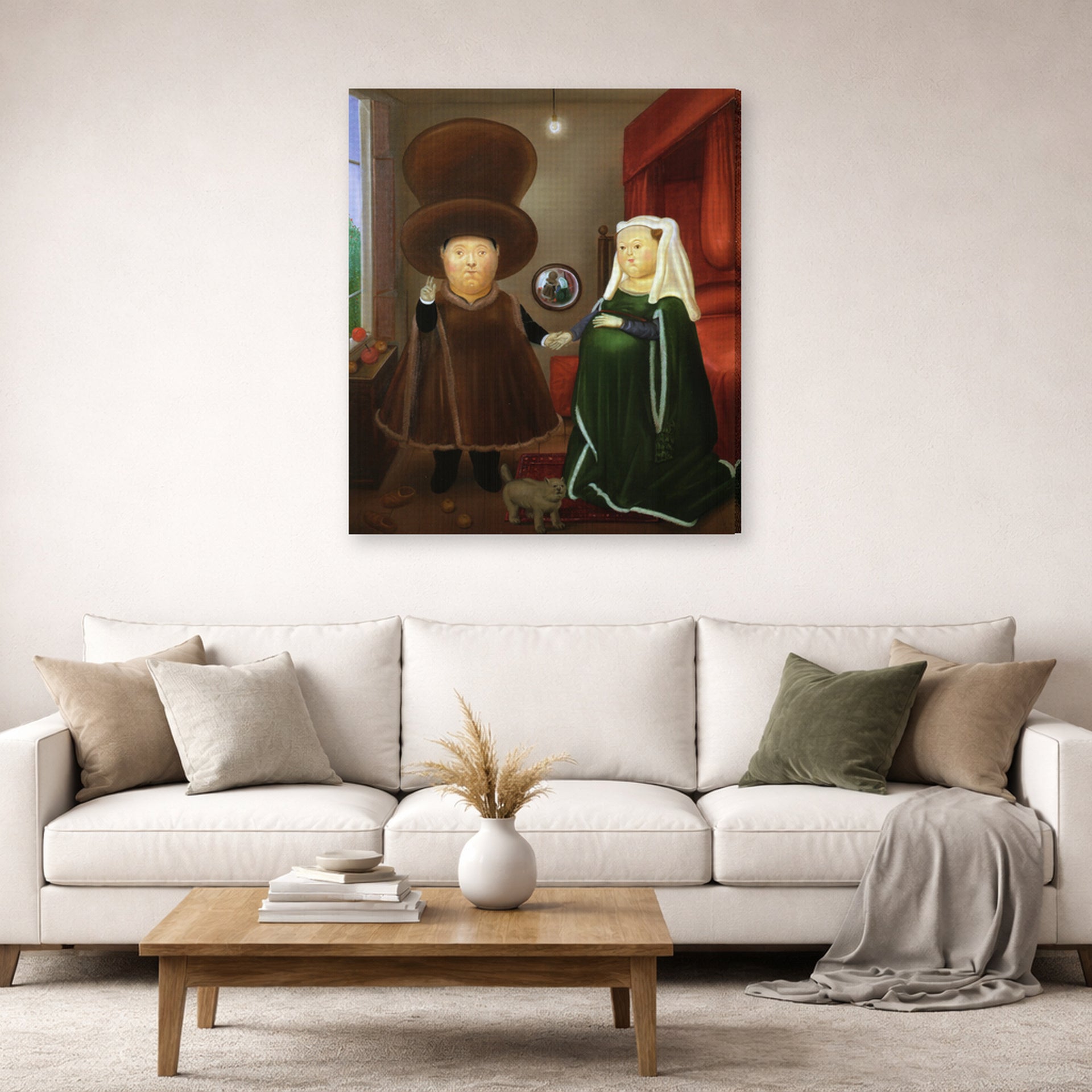 Gallery-wrapped canvas print of Fernando Botero's The Arnolfini After Van Eyck displayed on a wall in a living room