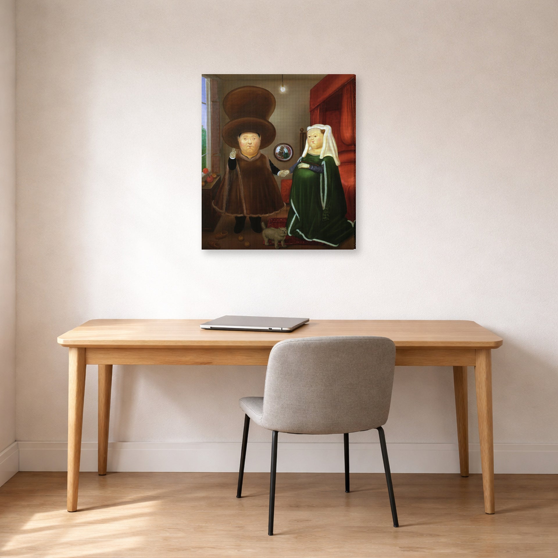 Gallery-wrapped canvas print of Fernando Botero's The Arnolfini After Van Eyck displayed on a wall in a home office