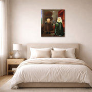 Unframed poster print of Fernando Botero's The Arnolfini After Van Eyck displayed on a wall in a bedroom