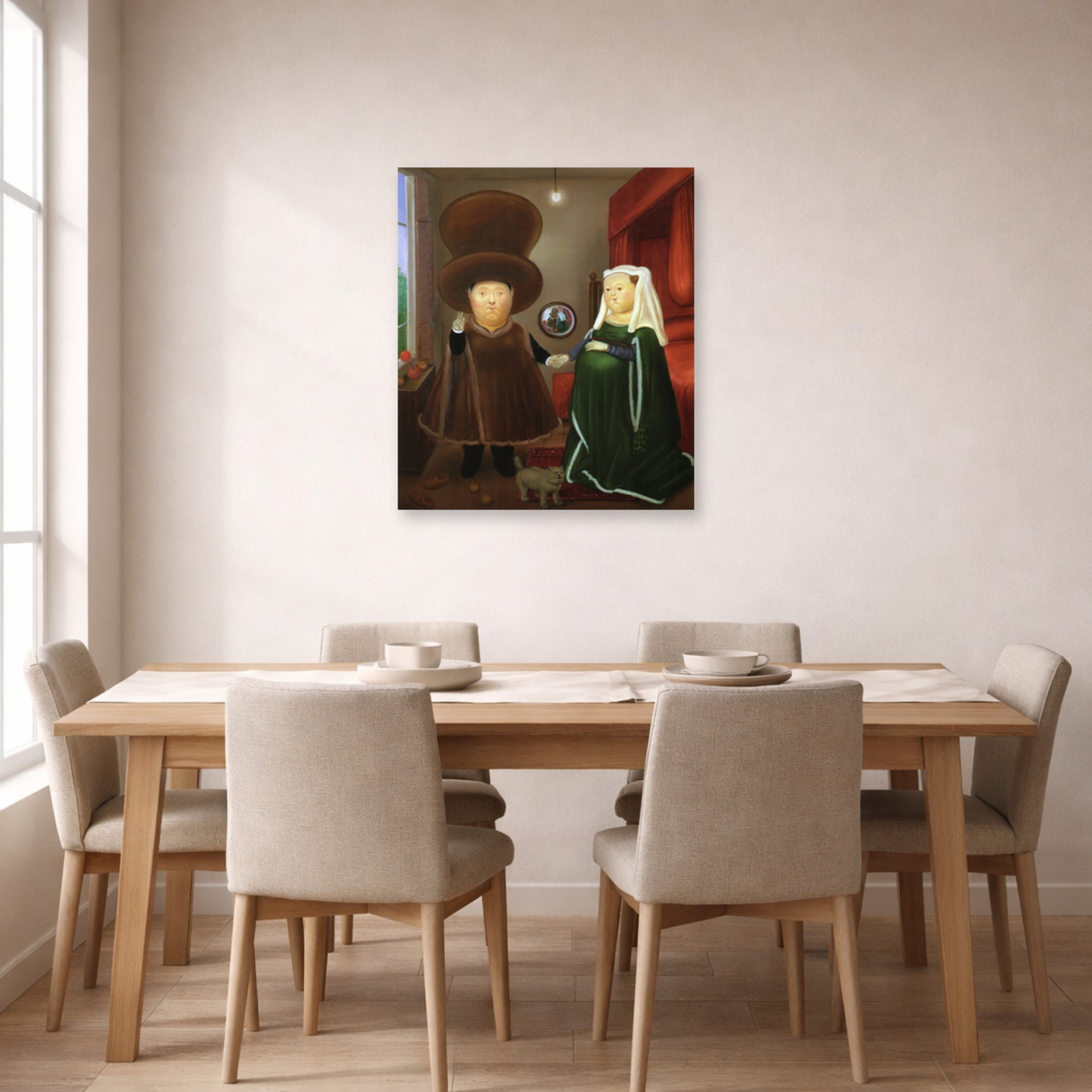 Unframed poster print of Fernando Botero's The Arnolfini After Van Eyck displayed on a wall in a dining room