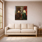 Unframed poster print of Fernando Botero's The Arnolfini After Van Eyck displayed on a wall in a living room