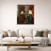 Unframed poster print of Fernando Botero's The Arnolfini After Van Eyck displayed on a wall in a living room