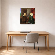 Unframed poster print of Fernando Botero's The Arnolfini After Van Eyck displayed on a wall in a home office