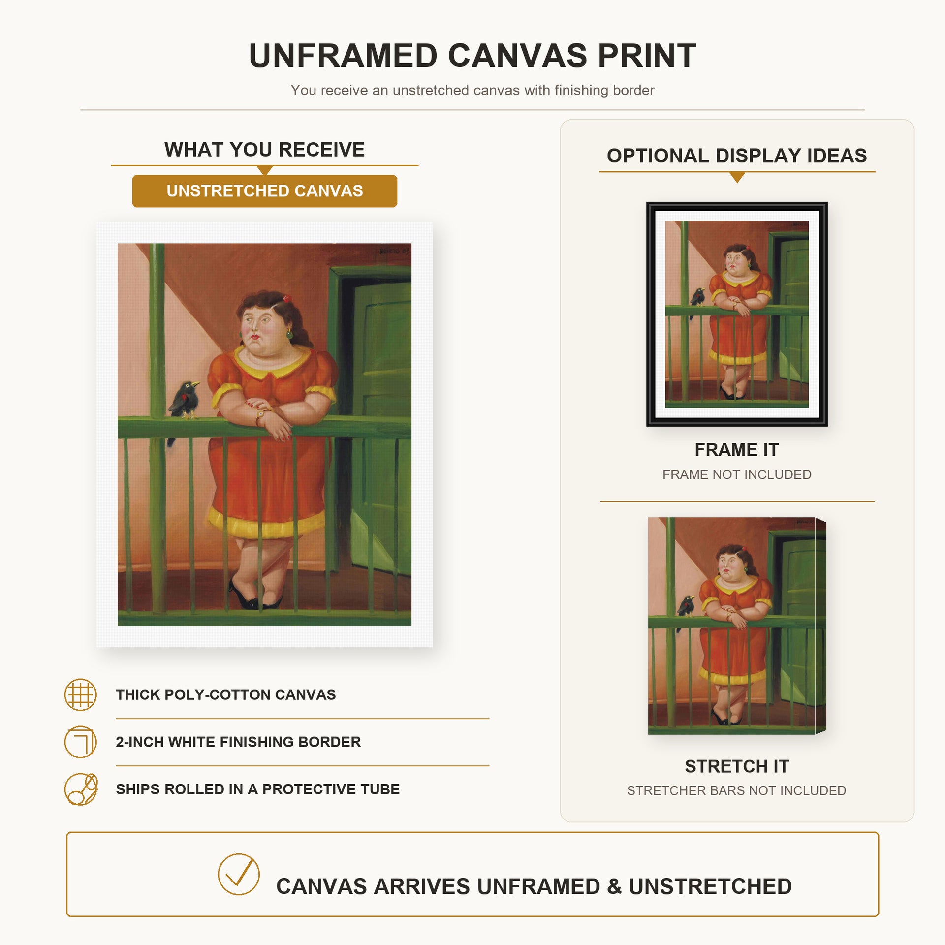 Fernando Botero - The Balcony canvas print size comparison and framing display infographic