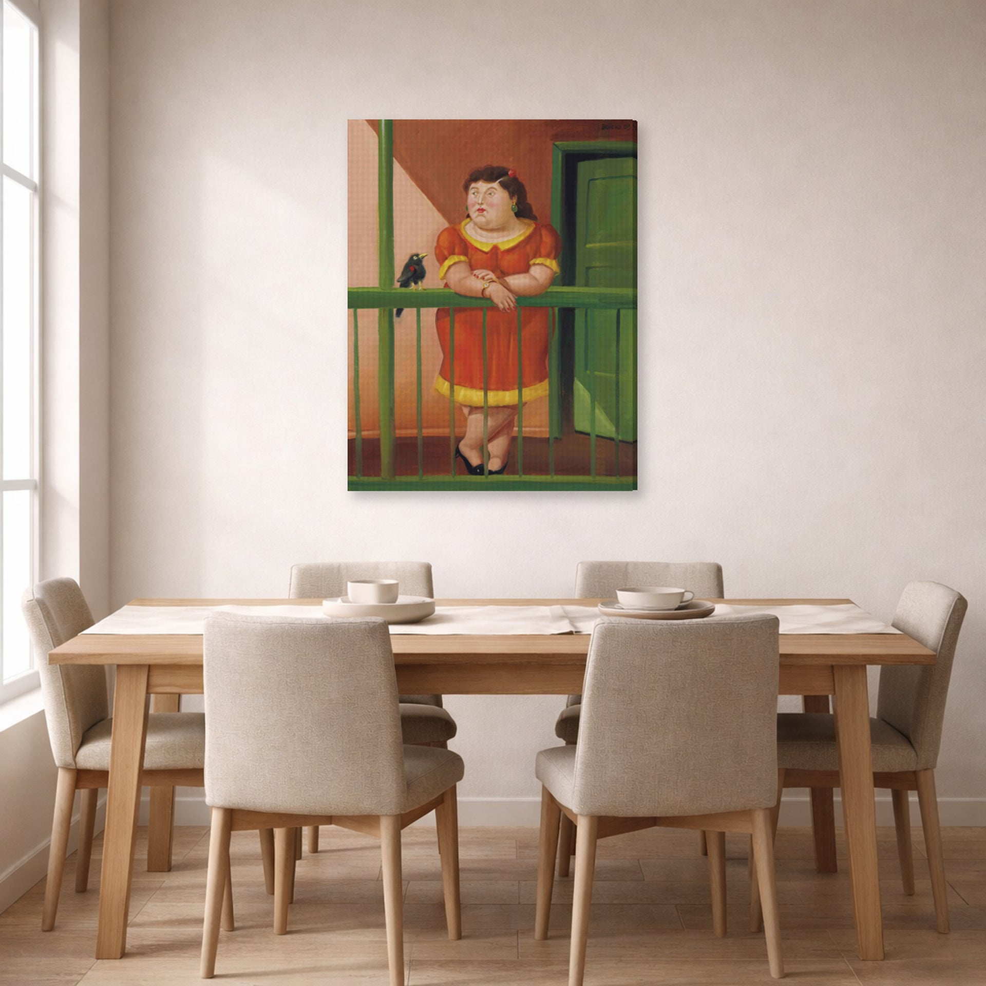 Gallery-wrapped canvas print of Fernando Botero's The Balcony displayed on a wall in a dining room
