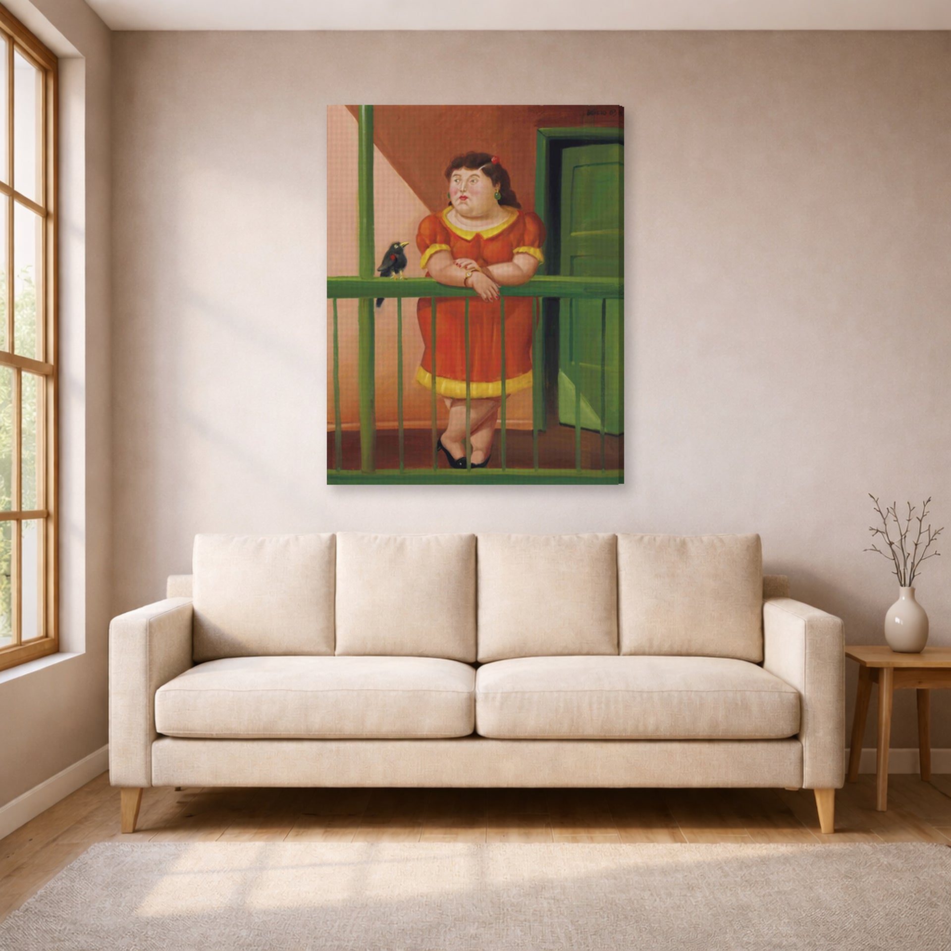 Gallery-wrapped canvas print of Fernando Botero's The Balcony displayed on a wall in a living room