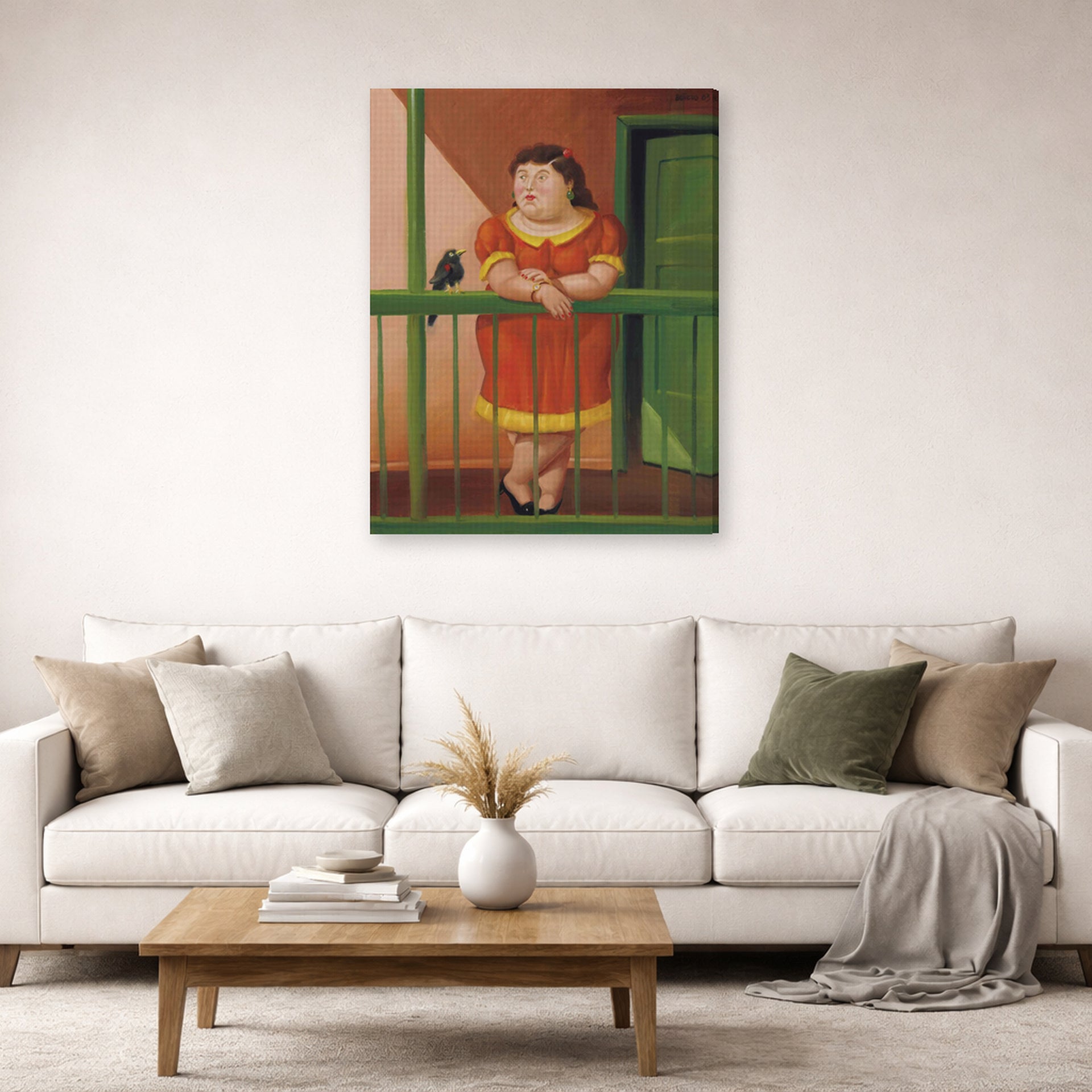 Gallery-wrapped canvas print of Fernando Botero's The Balcony displayed on a wall in a living room