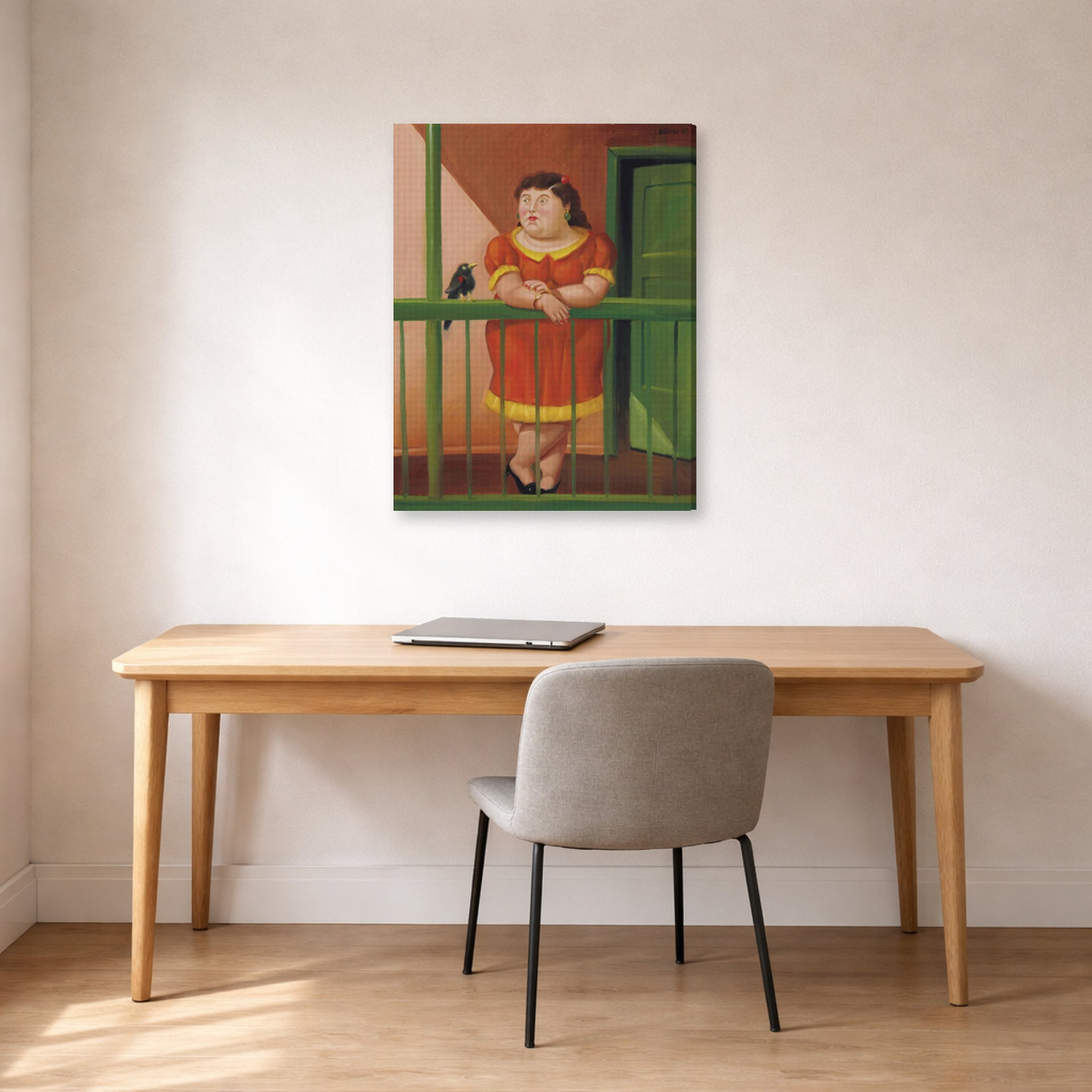 Gallery-wrapped canvas print of Fernando Botero's The Balcony displayed on a wall in a home office