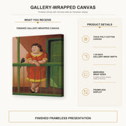 Fernando Botero - The Balcony gallery wrap canvas construction and hanging details infographic