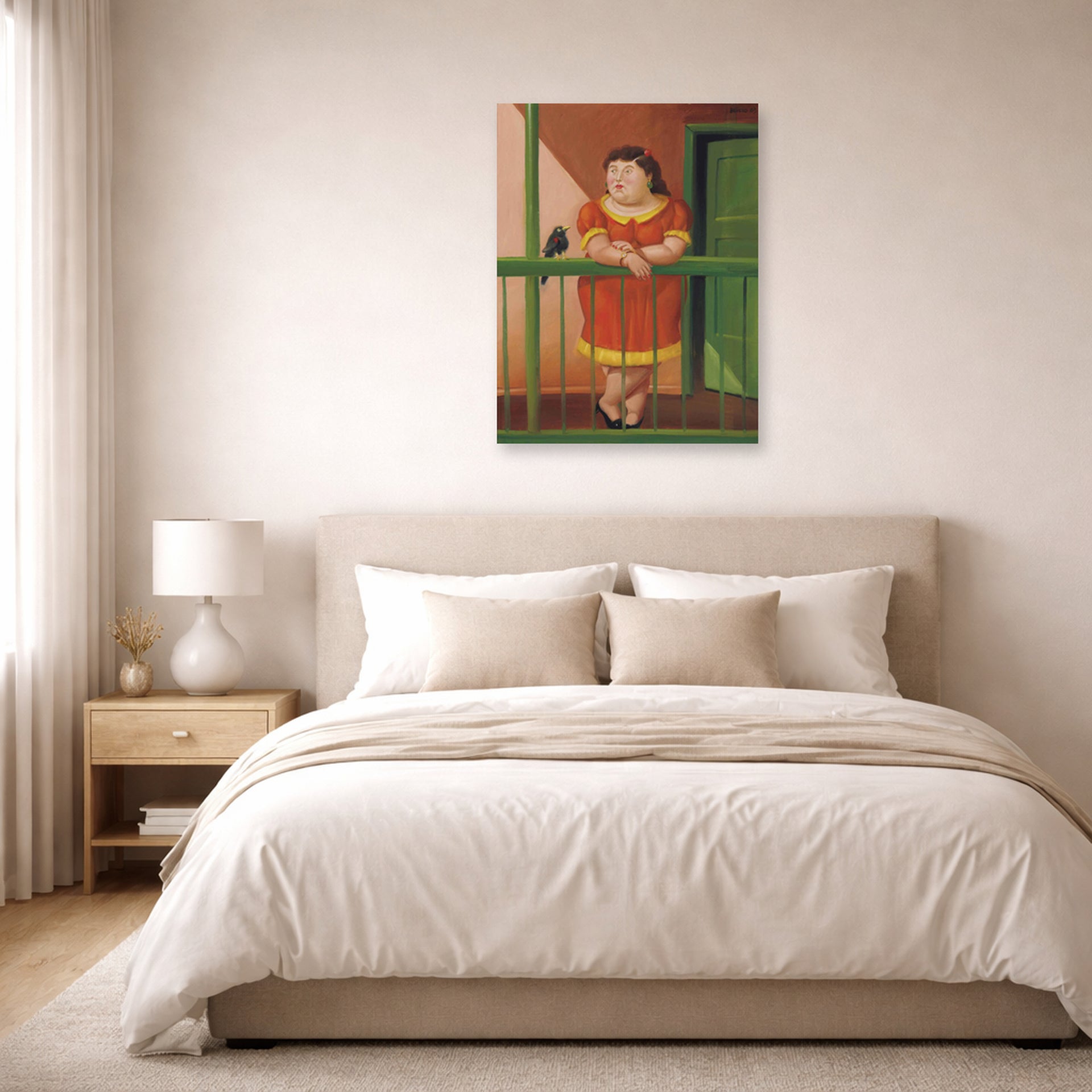 Unframed poster print of Fernando Botero's The Balcony displayed on a wall in a bedroom