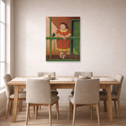Unframed poster print of Fernando Botero's The Balcony displayed on a wall in a dining room