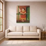Unframed poster print of Fernando Botero's The Balcony displayed on a wall in a living room