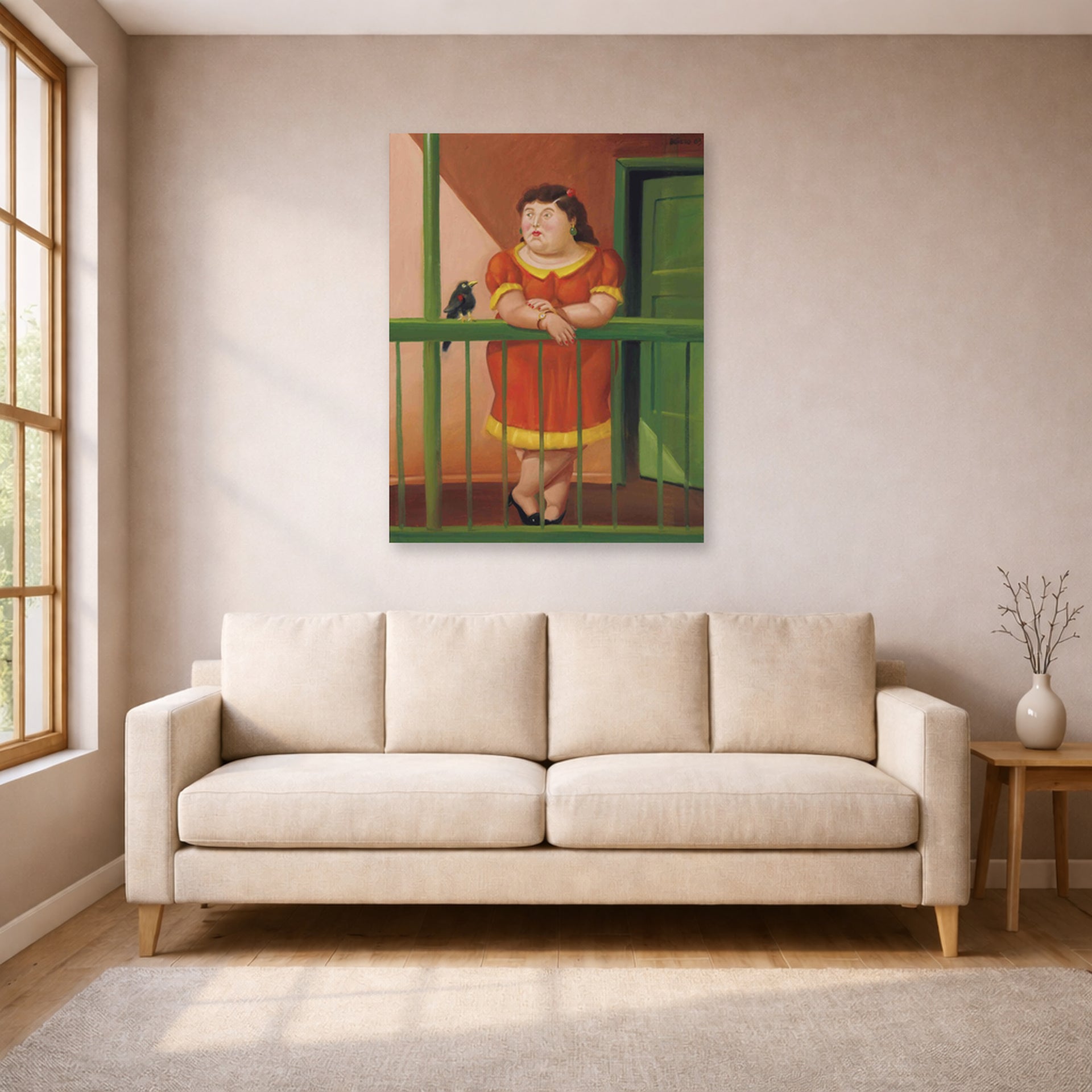 Unframed poster print of Fernando Botero's The Balcony displayed on a wall in a living room