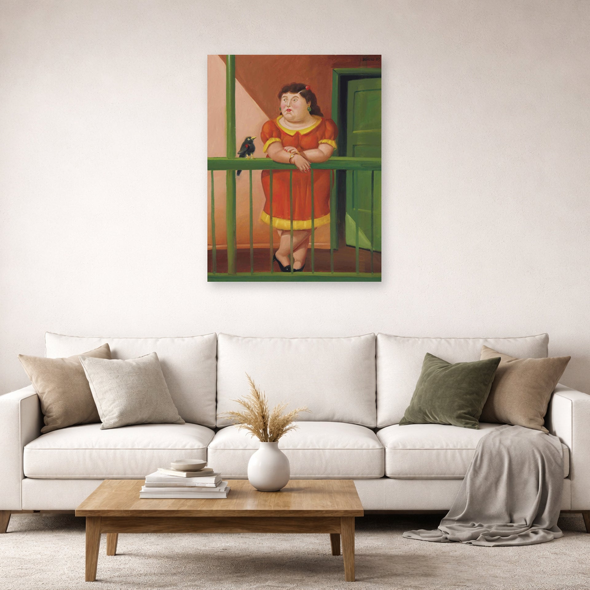 Unframed poster print of Fernando Botero's The Balcony displayed on a wall in a living room
