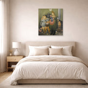 Gallery-wrapped canvas print of Fernando Botero's The Bashful Family displayed on a wall in a bedroom