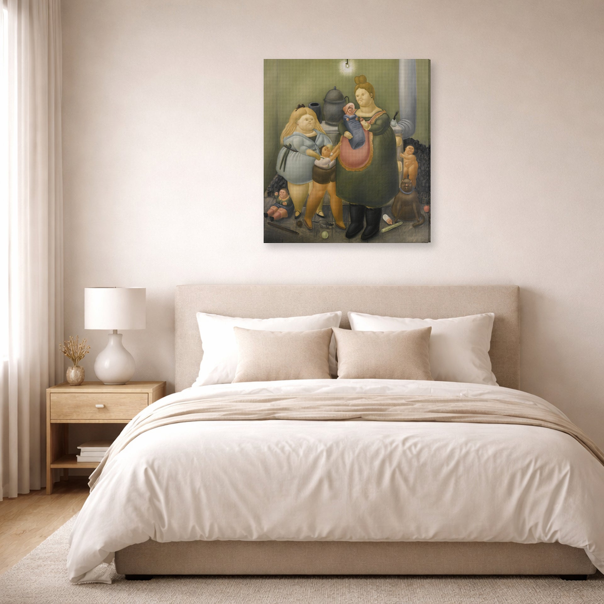Gallery-wrapped canvas print of Fernando Botero's The Bashful Family displayed on a wall in a bedroom