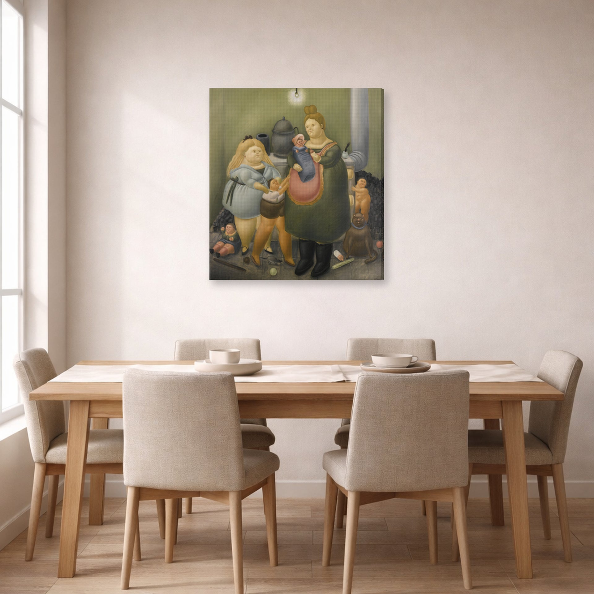 Gallery-wrapped canvas print of Fernando Botero's The Bashful Family displayed on a wall in a dining room