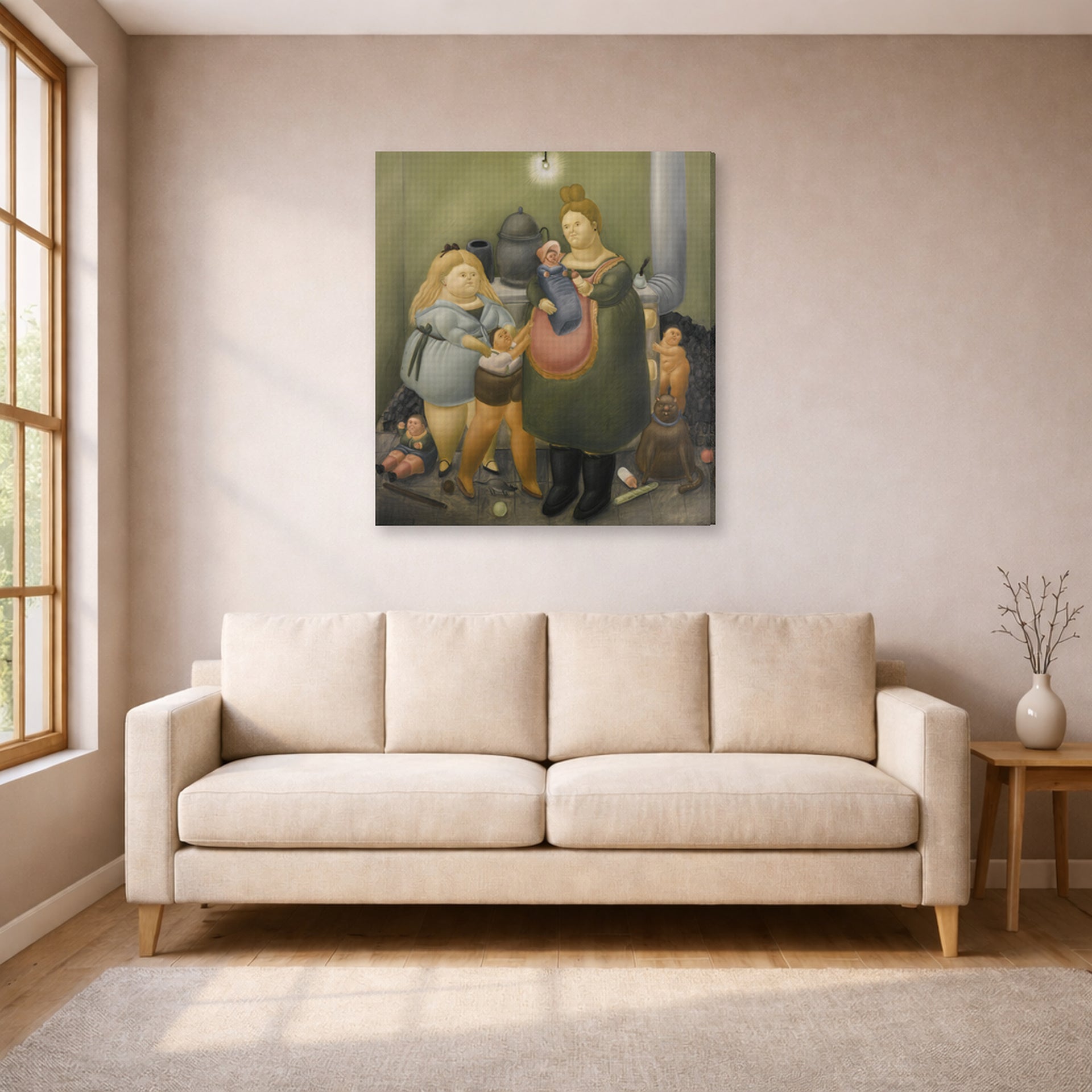 Gallery-wrapped canvas print of Fernando Botero's The Bashful Family displayed on a wall in a living room