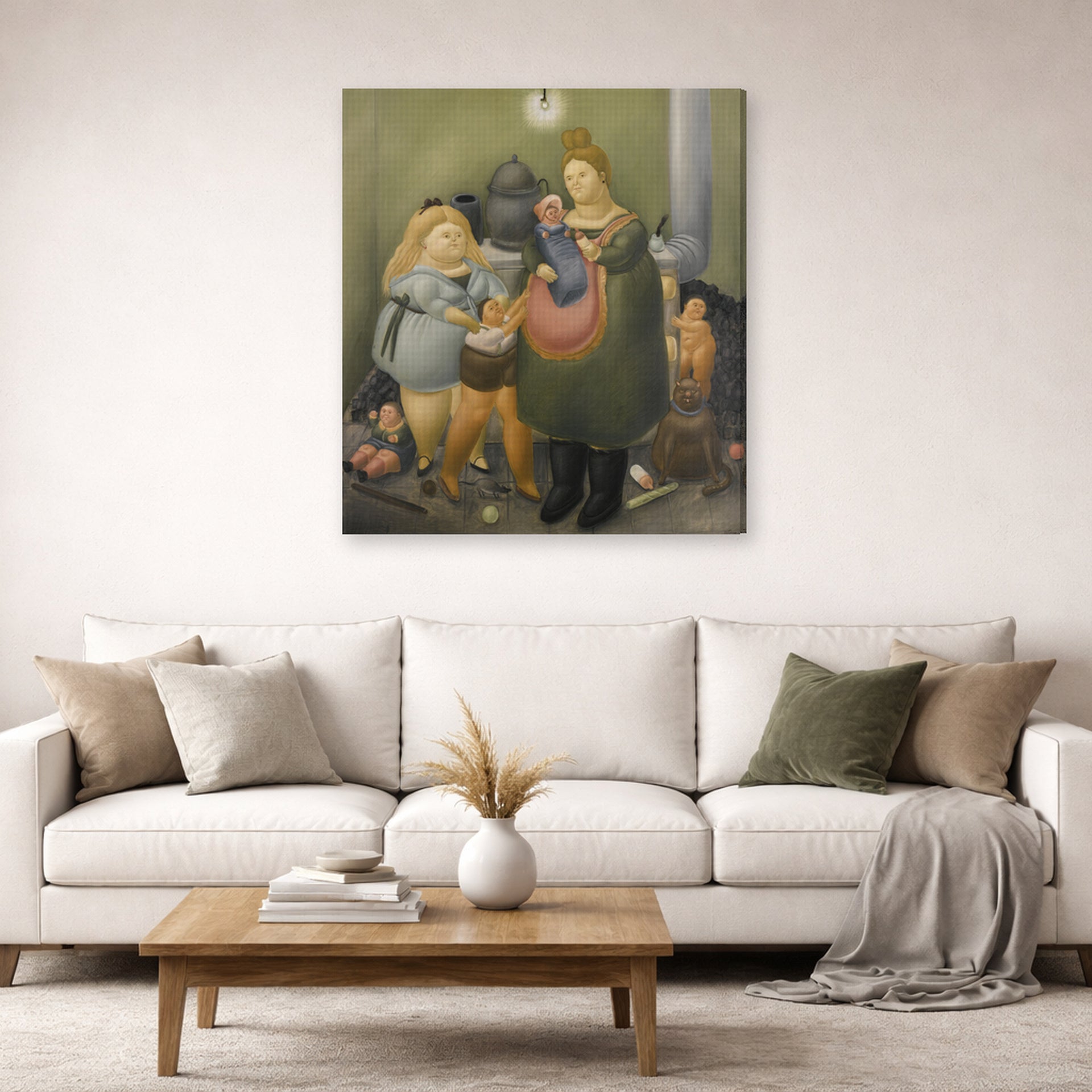 Gallery-wrapped canvas print of Fernando Botero's The Bashful Family displayed on a wall in a living room