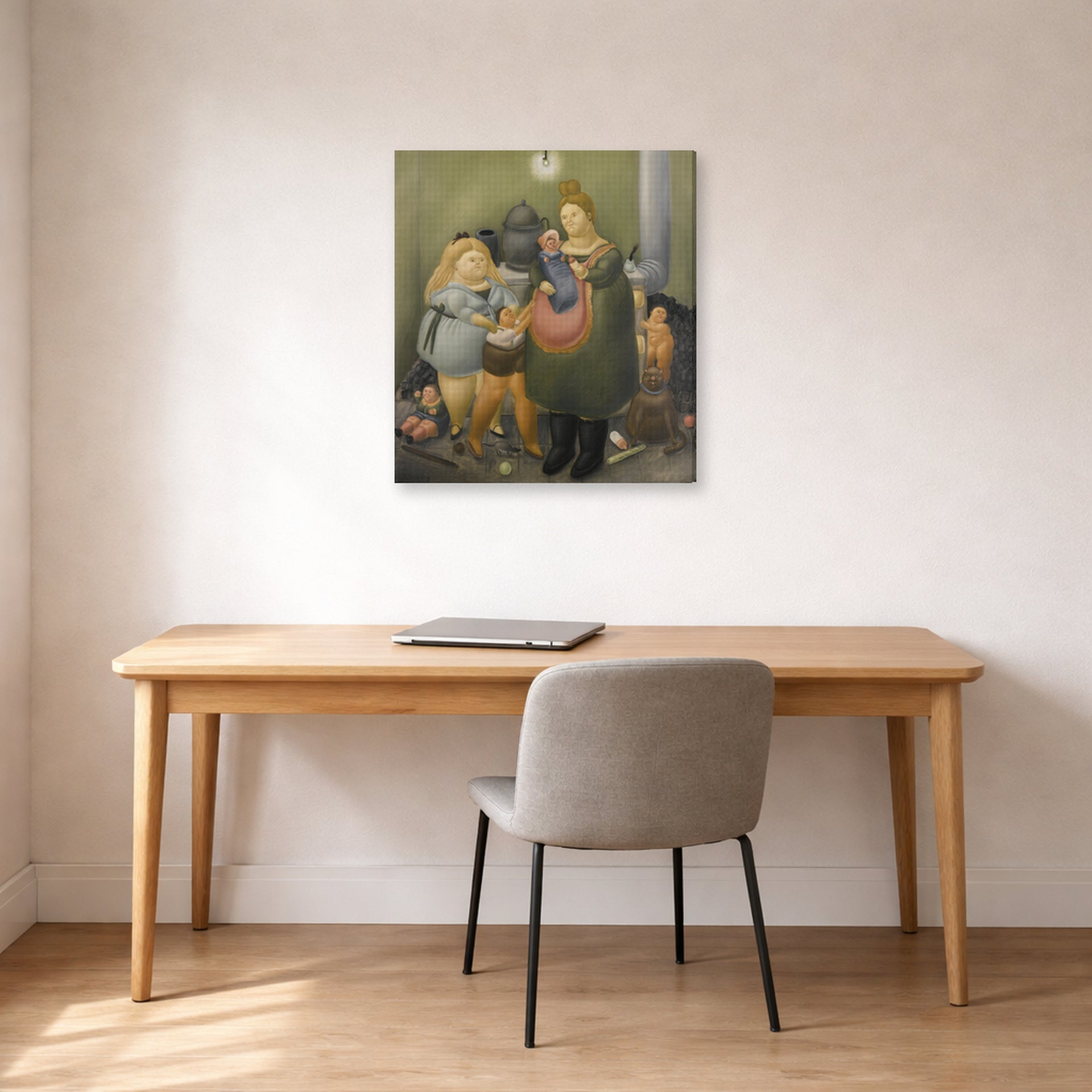 Gallery-wrapped canvas print of Fernando Botero's The Bashful Family displayed on a wall in a home office