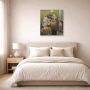 Unframed poster print of Fernando Botero's The Bashful Family displayed on a wall in a bedroom