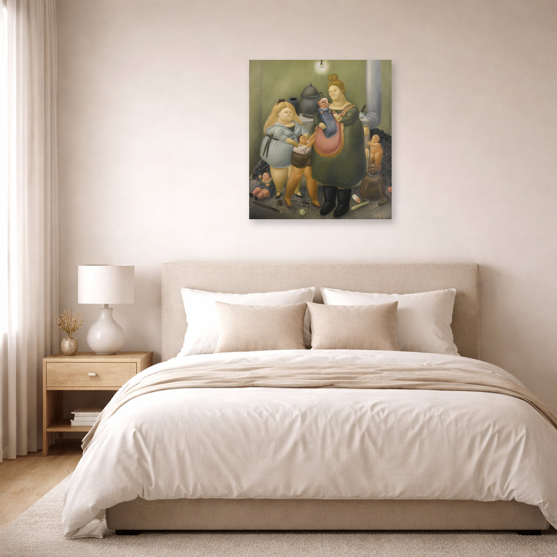 Unframed poster print of Fernando Botero's The Bashful Family displayed on a wall in a bedroom