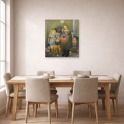 Unframed poster print of Fernando Botero's The Bashful Family displayed on a wall in a dining room