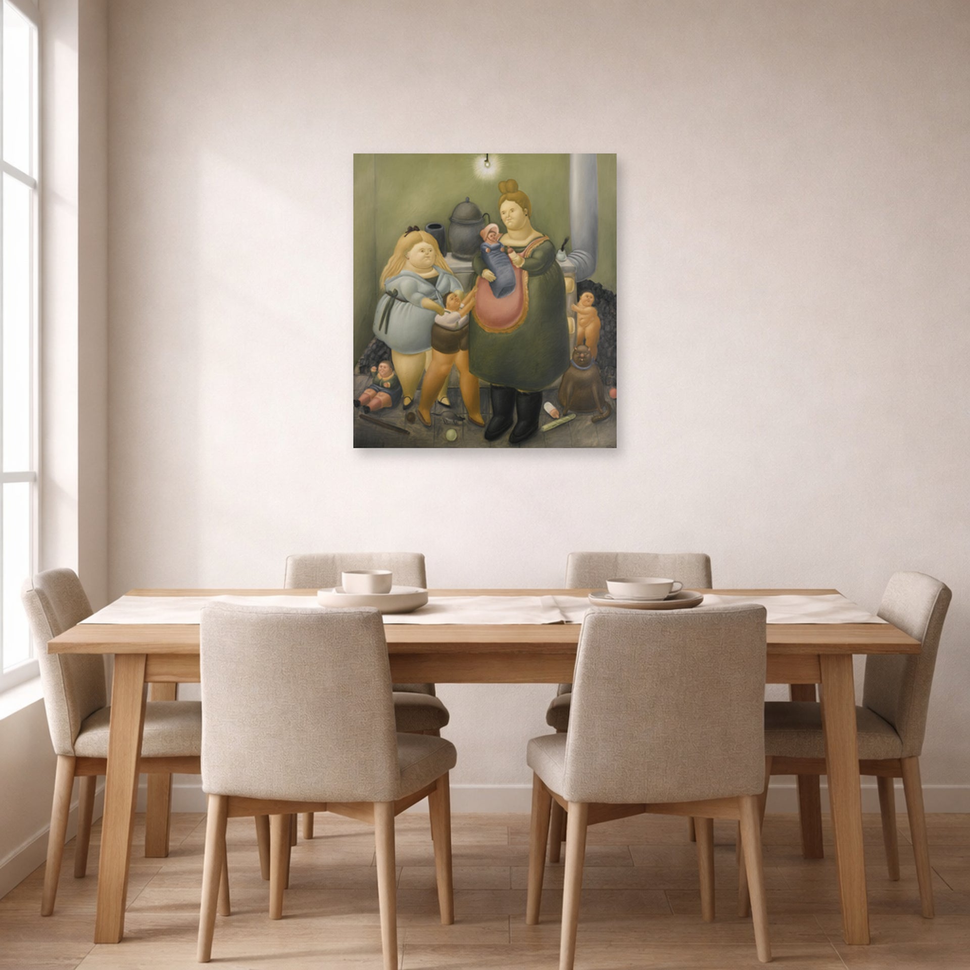 Unframed poster print of Fernando Botero's The Bashful Family displayed on a wall in a dining room