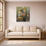 Unframed poster print of Fernando Botero's The Bashful Family displayed on a wall in a living room