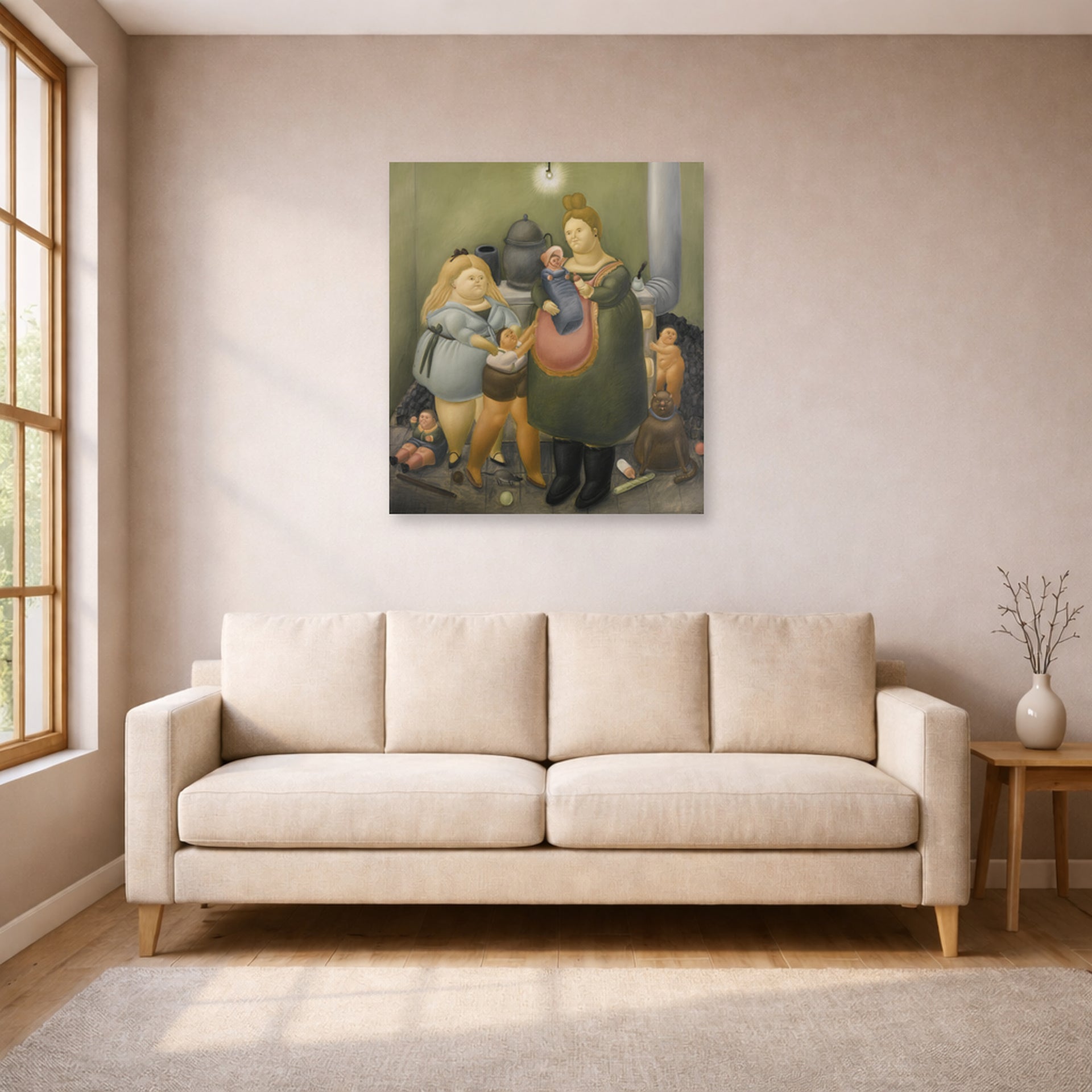 Unframed poster print of Fernando Botero's The Bashful Family displayed on a wall in a living room