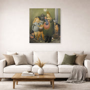 Unframed poster print of Fernando Botero's The Bashful Family displayed on a wall in a living room