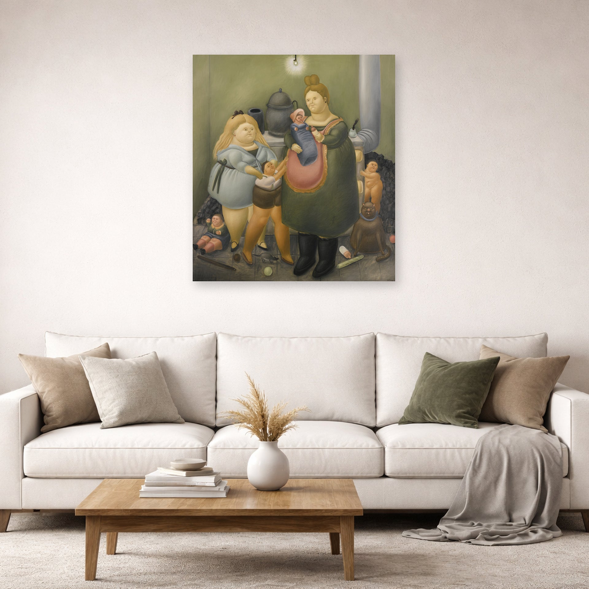 Unframed poster print of Fernando Botero's The Bashful Family displayed on a wall in a living room