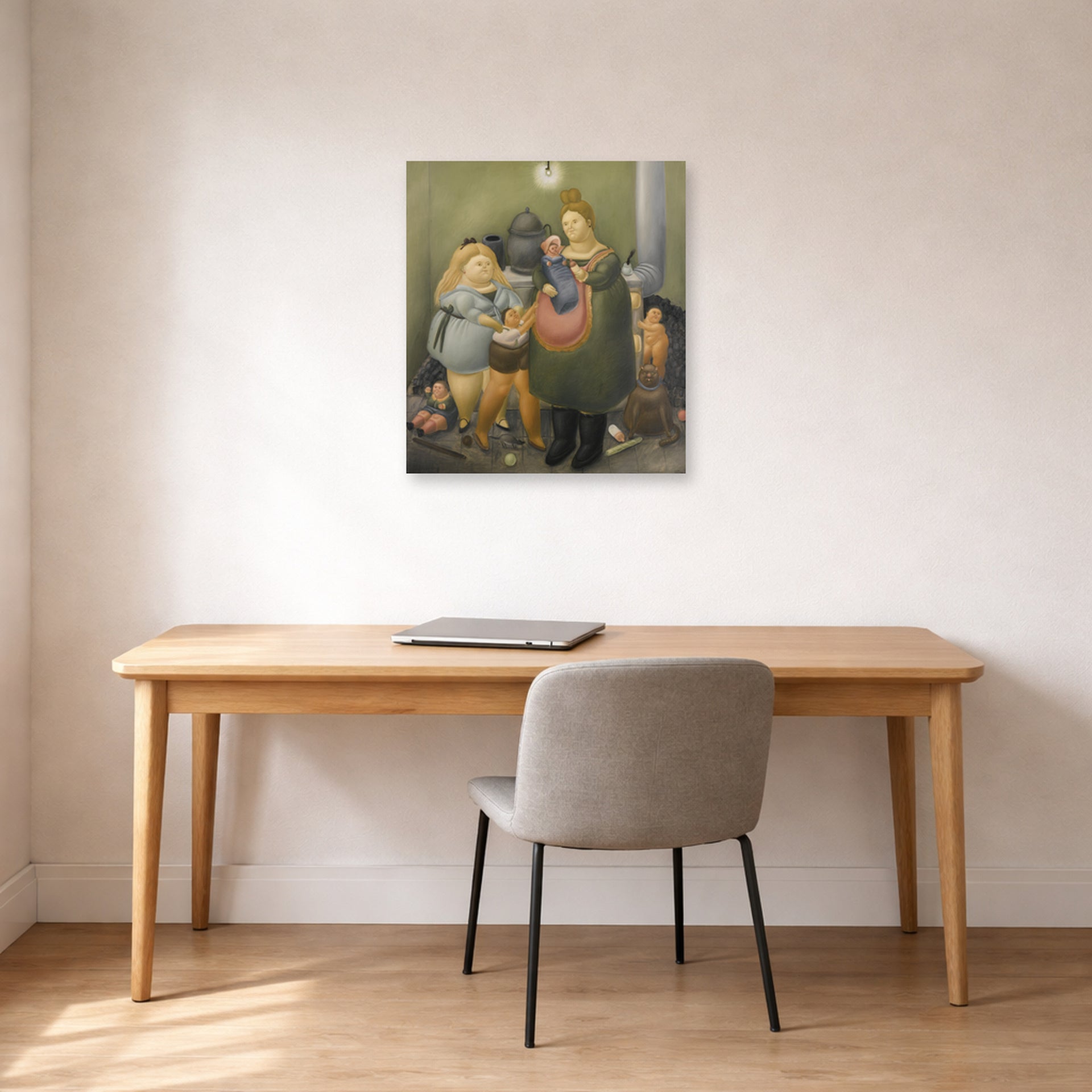 Unframed poster print of Fernando Botero's The Bashful Family displayed on a wall in a home office